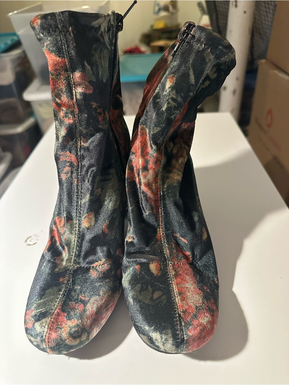 MIA Floral Velvet Ankle Boots - Black, Red & Green